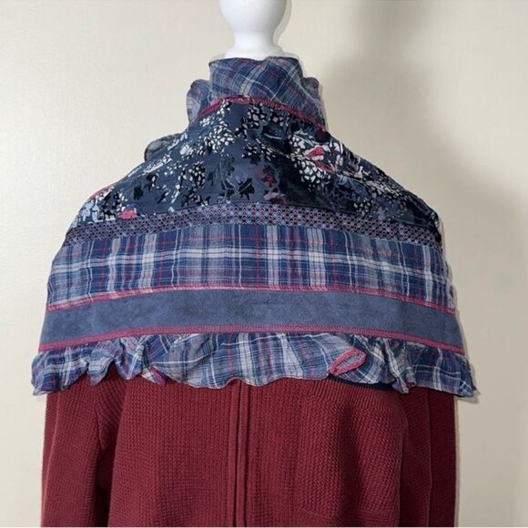 BONITA Navy Burgundy Gray Plaid Velour Floral Patchwork Ruffle Scarf Wrap - Picture 3 of 10